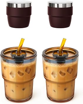 2 Pack 4 oz Espresso Cup with 2 Pack 13 oz Glass Tumbler/Iced Coffee Cup