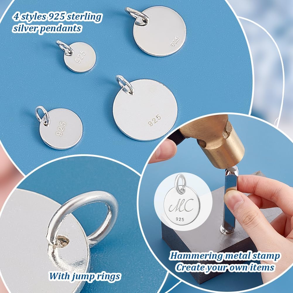 PH PandaHall 4 Sizes 925 Sterling Silver Flat Blank Round Pendants, 6/8/10/12mm Stamping Blanks with Jump Ring Chain End Tag Charm Stamping Discs for DIY Necklaces Bracelets Handmade Jewelry Making