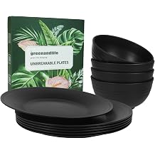 10inch/6pcs Deep Plates + 24oz/4pcs Bowls, Unbreakable Microwave Safe Reusable Lightweight Plates and Bowls Sets Dishwasher Safe Dishes for Outdoor Camping RV, Black