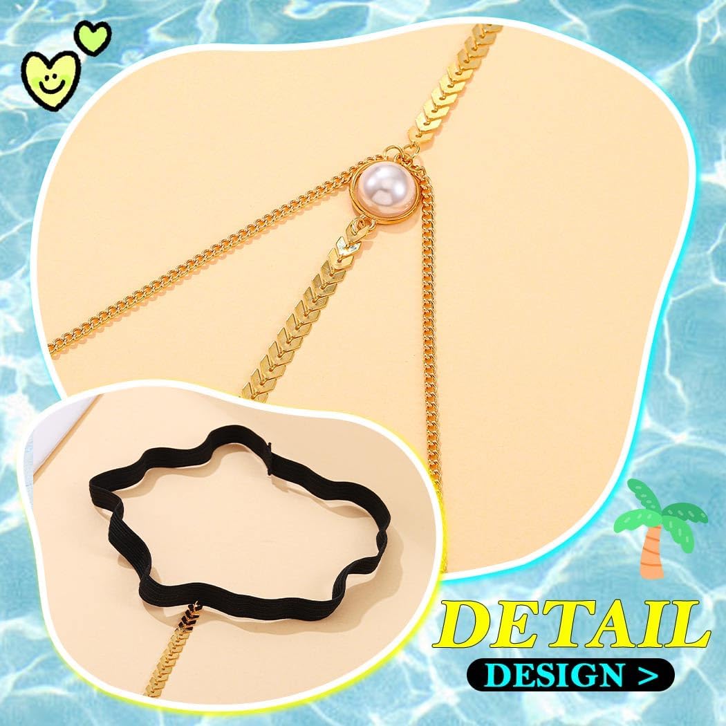 Pearl Thigh Jewelry Layered Leg Chain for Women | Silver and Gold Fishbone Summer Beach Party Night-Club Body Chain Accessories