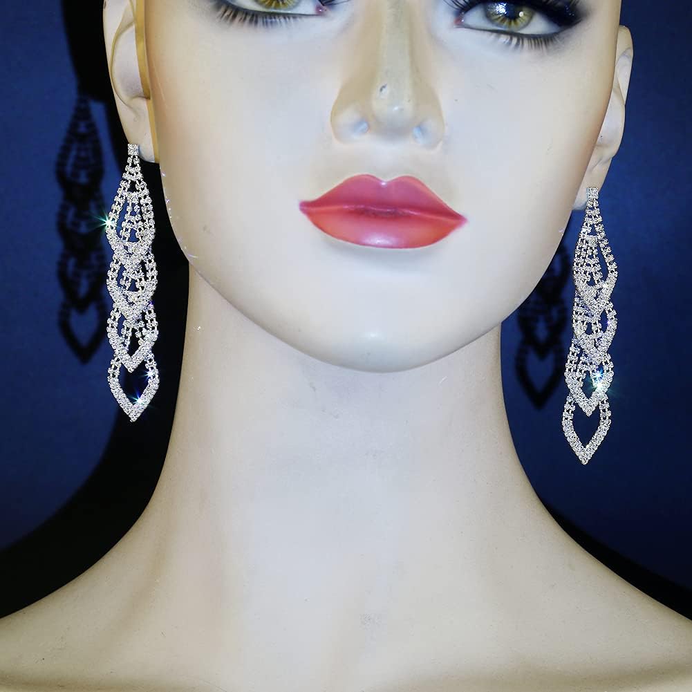 CHRAN Silver Plated Crystal Rhinestone Wedding Long Chandelier Dangle Earrings for Women - Image 3