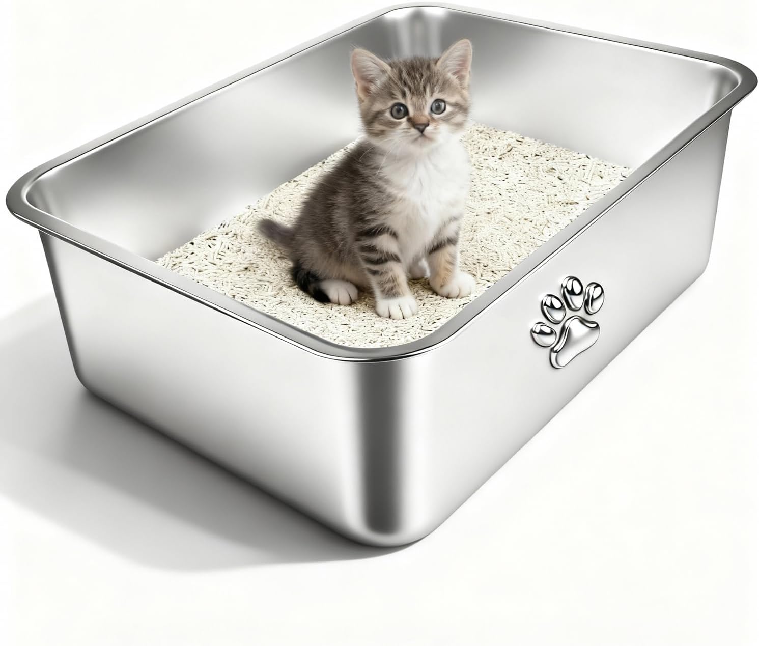 Stainless Steel Litter Box, Metal Cat Litter Box with High Sides, Never Absorbs Odors, Non-Stick, Easy to Clean, Small Litter Tray for Kittens, Litter Tray, 15.7″×11.8″×3.9″
