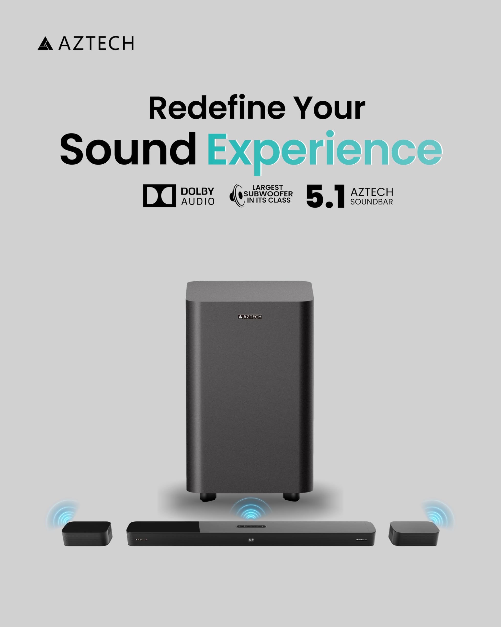 AZTECH 5.1CH Soundbar with Wired Subwoofer 230W Bluetooth 5.3 Home Theater  System Game Mode with