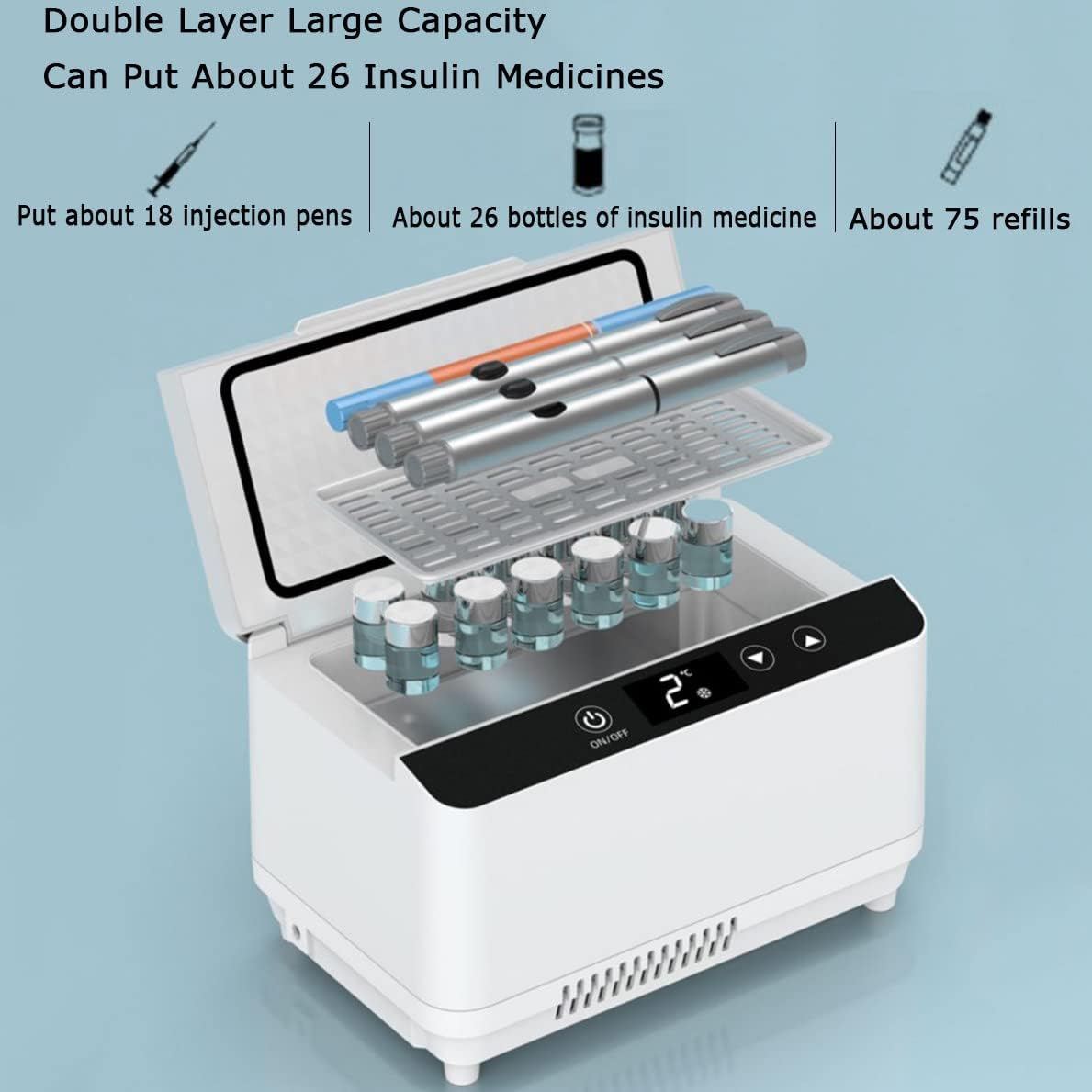 Insulin Cooler Portable Fridge - Double Layer, Large Capacity Refrigerated Box with LCD Display, Constant Temperature 2-8℃, Rechargeable with Battery