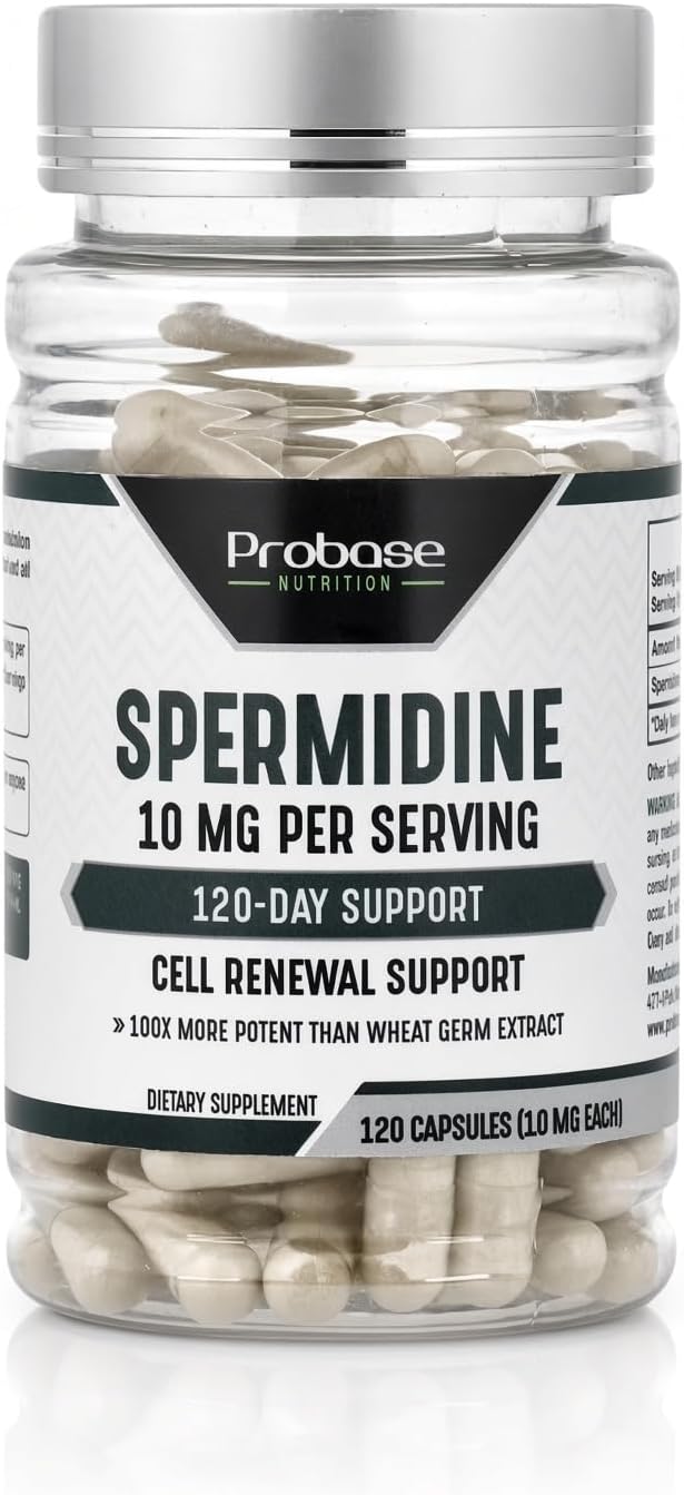 Probase Nutrition Spermidine (10mg of 99% Spermidine 3HCL - Third Party Tested) 120 Capsules - 100x More Potent Than Wheat Germ Extract, Telomere Health and Aging 120-Day Supply - As efficient as NMN
