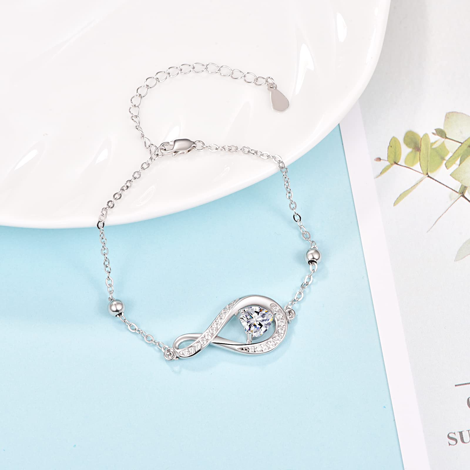 praymos Infinity Bracelets for Womens 925 Sterling Silver Heart Cubic Birthstone Charm Bracelet Adjustable Chain Jewellery Gifts for Her Women Wife Mum