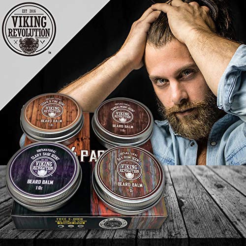 Viking Revolution 4 Beard Balm Variety Pack (1Oz Each)- Sandalwood, Pine & Cedar, Bay Rum, Clary Sage- Styles, Strengthens & Softens Beards & Mustaches - Leave In Conditioner Wax For Men #TOP3