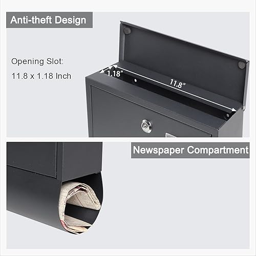 Miniatura 7 de Jssmst - Buzón con cerradura montado en vertical en la pared - Buzones con cerradura de llave de gran capacidad, 14.3 x 4.1 x 11.8 pulgadas SM-HPB911