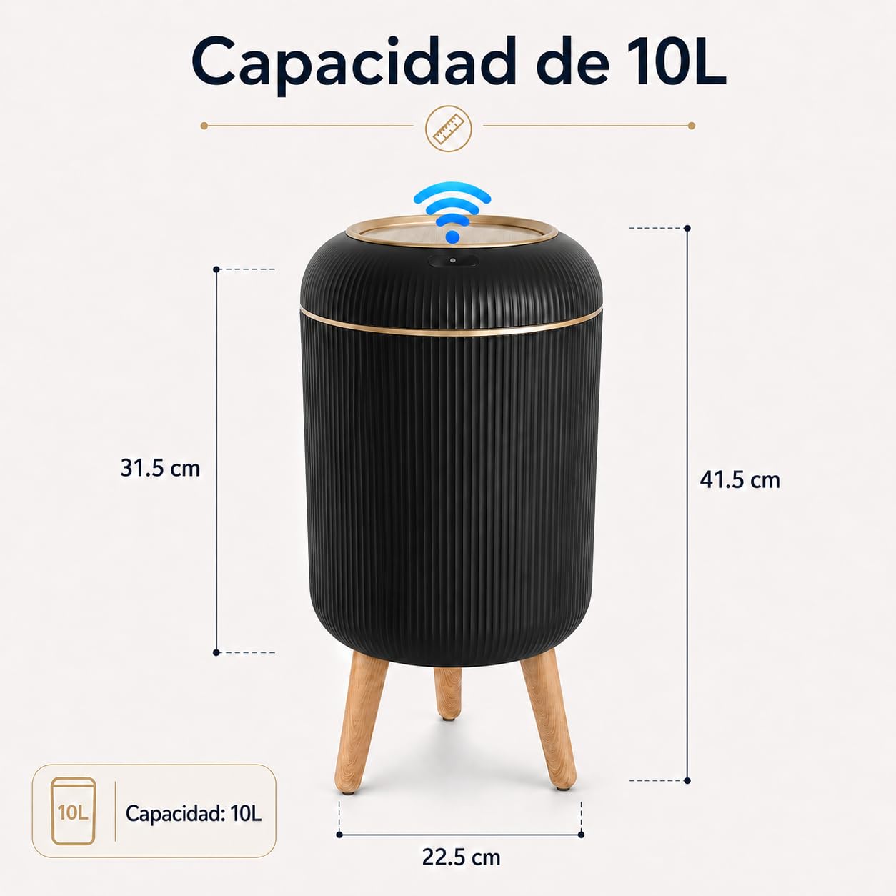Papelera Automática 10L con Sensor para Baño, Blanca - Cubo Basura Inteligente con Diseño Redondo Elegante, Patas de Madera y Apertura Sin Contacto para Salón (10L Schwarz)