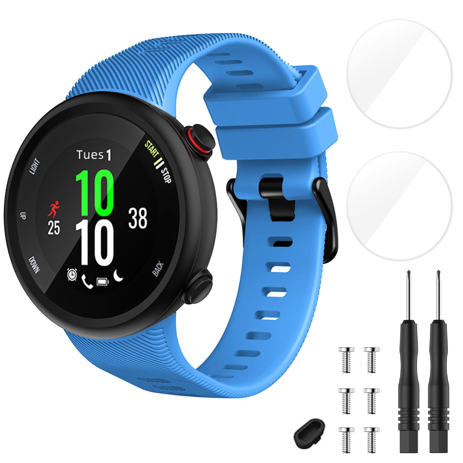 TopPerfekt Strap Compatible with Garmin Forerunner 45 and 2 x Screen Protector, Sport Silicone Wristband Arm Band Replacement Bracelet for Forerunner 45 (Sky blue)