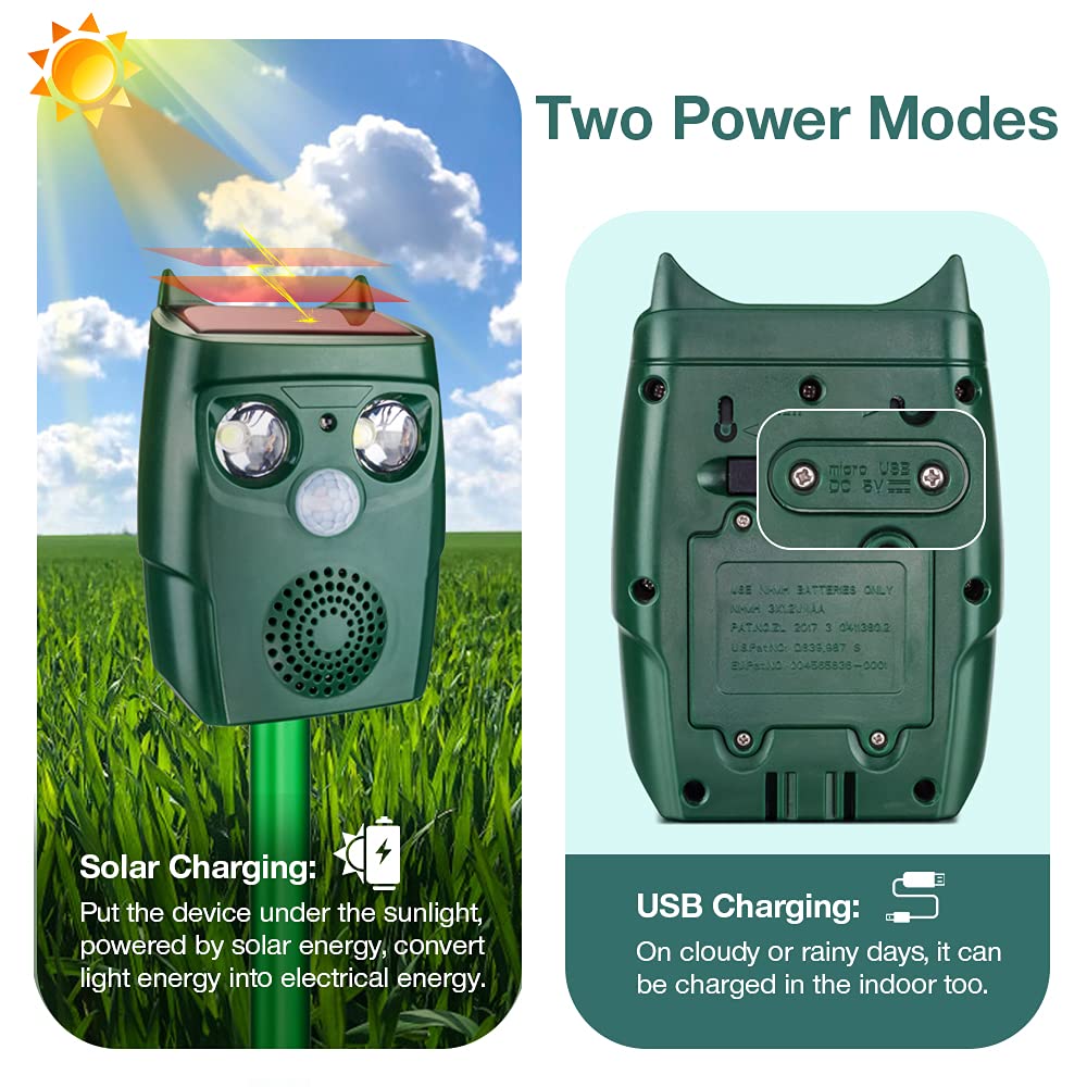 Répulsif Chat Exterieur, Répulsif Chat Ultrason Solaire, Ultrason Anti Chats, Charge de Solaire USB, Répulsif Animaux pour Jardin Chats, Oiseaux, Renard, Souris et Rat, Pigeon, Lapin