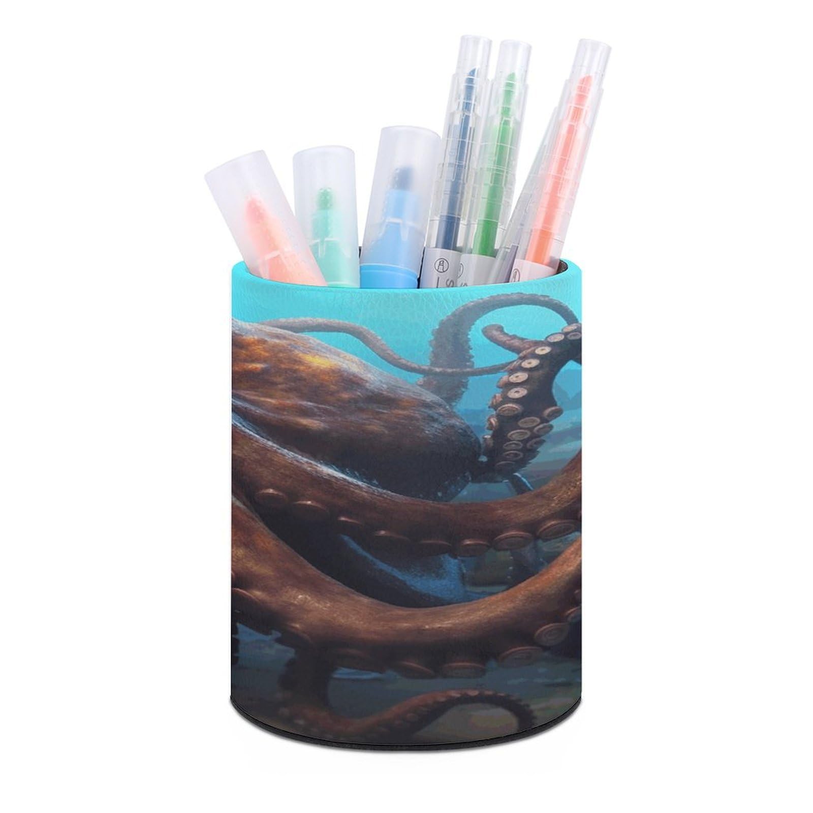 FekiLoot PU Leather Round Pen Holder Huge Octopus Pencil Holder Desk Organizer Pen Organizer Pen Cup Pencil Cup Caddy Desktop Stationery Organizers for Office Home Supplies