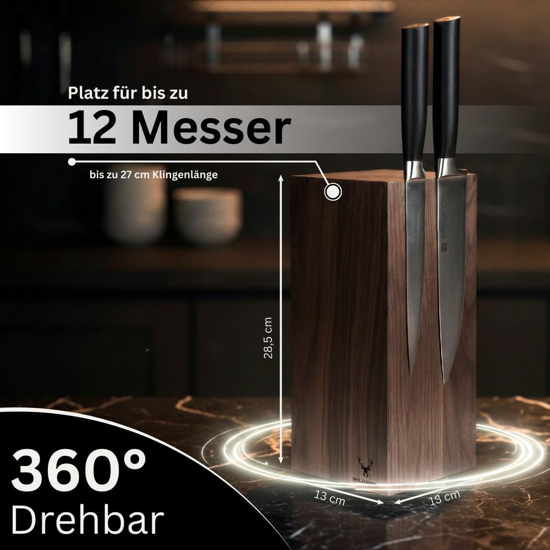Messerblock ohne Messer magnetisch [Premium] | 360° drehbar | 5,2 kg extra schwer | Rutschfeste Edelstahl-Basis | Nordamerikanische Walnuss