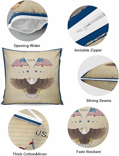 Miniatura 5 de Paquete de 2 fundas de almohada decorativas de algodón, diseño patriótico de la bandera estadounidense, águila, 18 x 18 pulgadas, cuadradas,