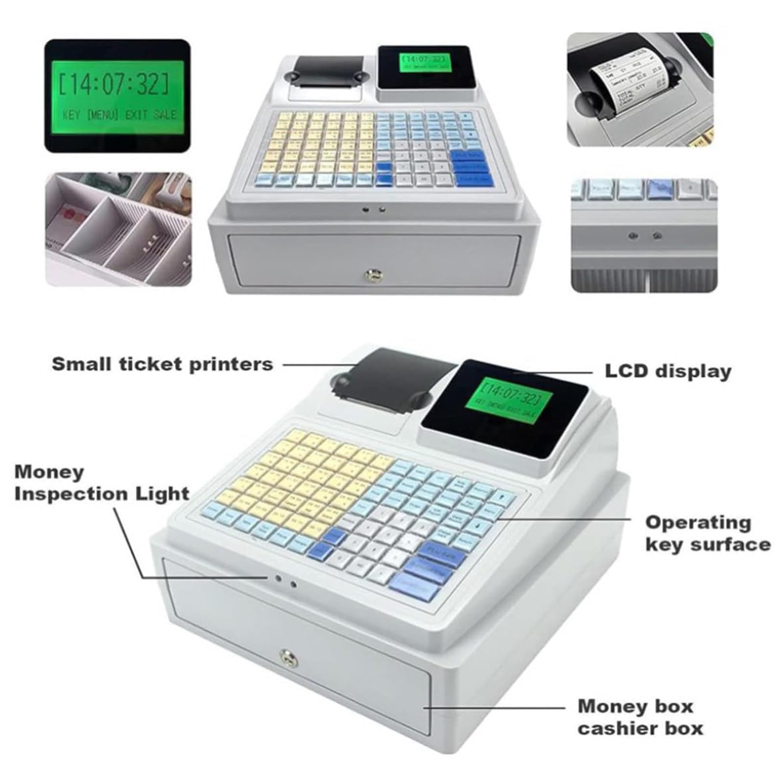 Registratore di Cassa LCD, contasoldi elettronico con Lampada di rilevamento Denaro, Sistema di Gestione della Cassa con opzioni di smistamento Bancomat, Display a Doppio Schermo