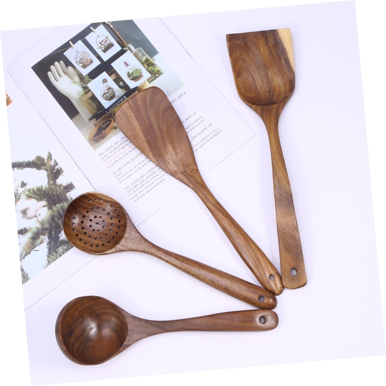 LABRIMP 4pcs Handmade Teak Spatula Wood Kitchen Gadget Colander Ladle Serving Set for Cooking Baking