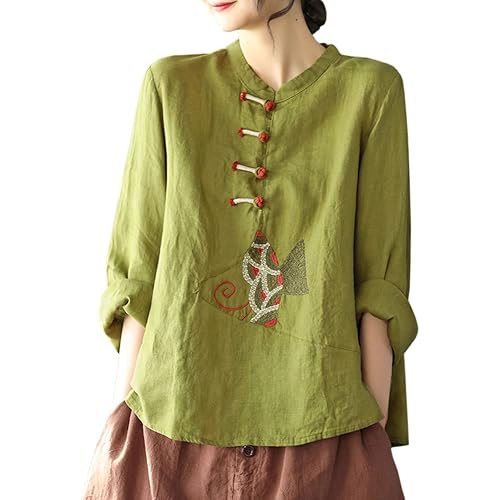 Women Chinese Embroidered Shirt Cotton Linen Frog Button Long Sleeve Mandarin Collar Ethnic Top