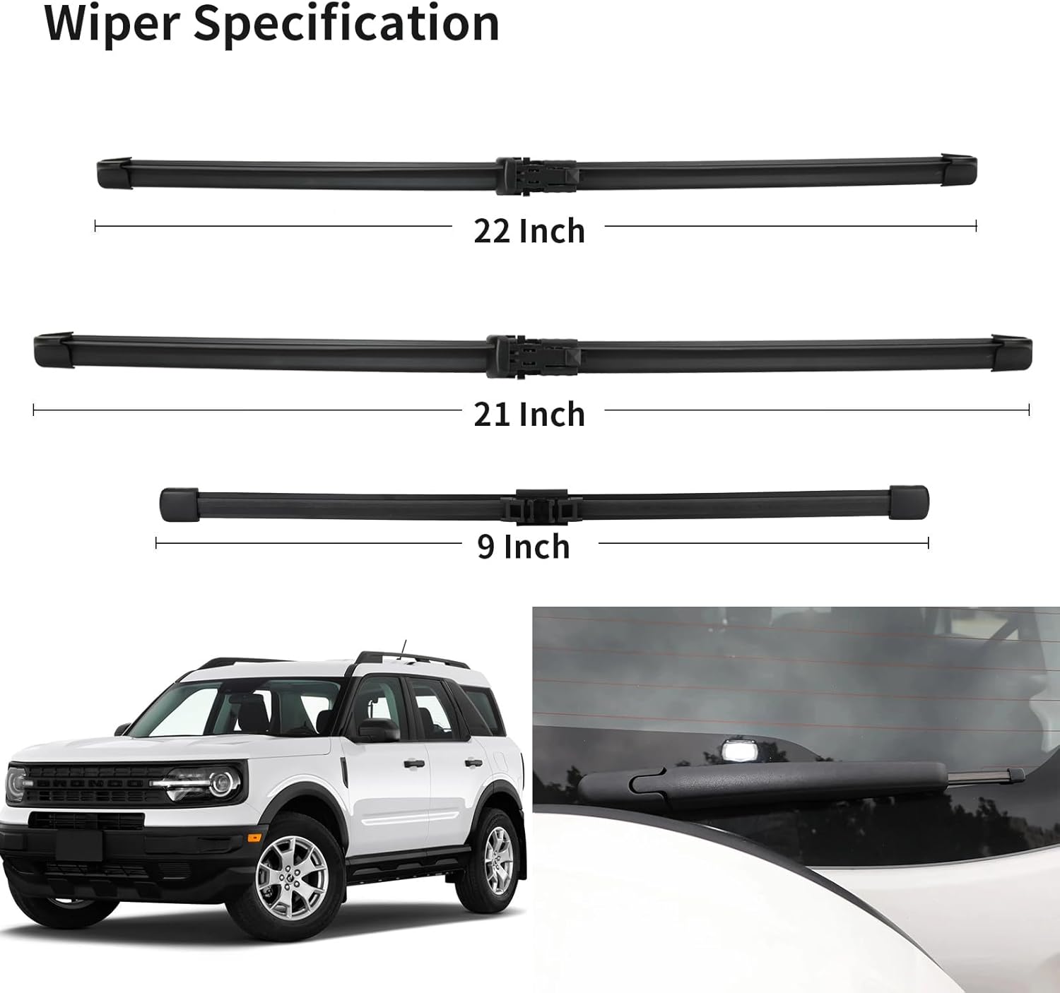 Windshield Wiper Blades for Ford Bronco Sport 2021 2022 2023 2024 2025-22" + 21" + 9" Rear - Complete Set of 3 Front and Back Replacement Wipers - All Weather Performance