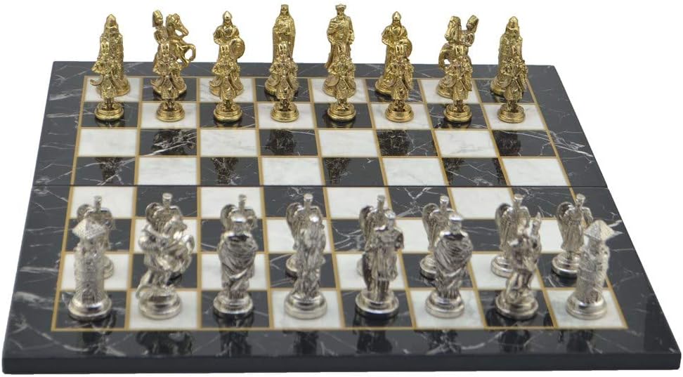 Seljuks-Byzantine Figures Metal Chess Set for Adult,Handmade Decorative Pieces and Marble and Mosaic Design Wooden Chessboard (Marble Design)