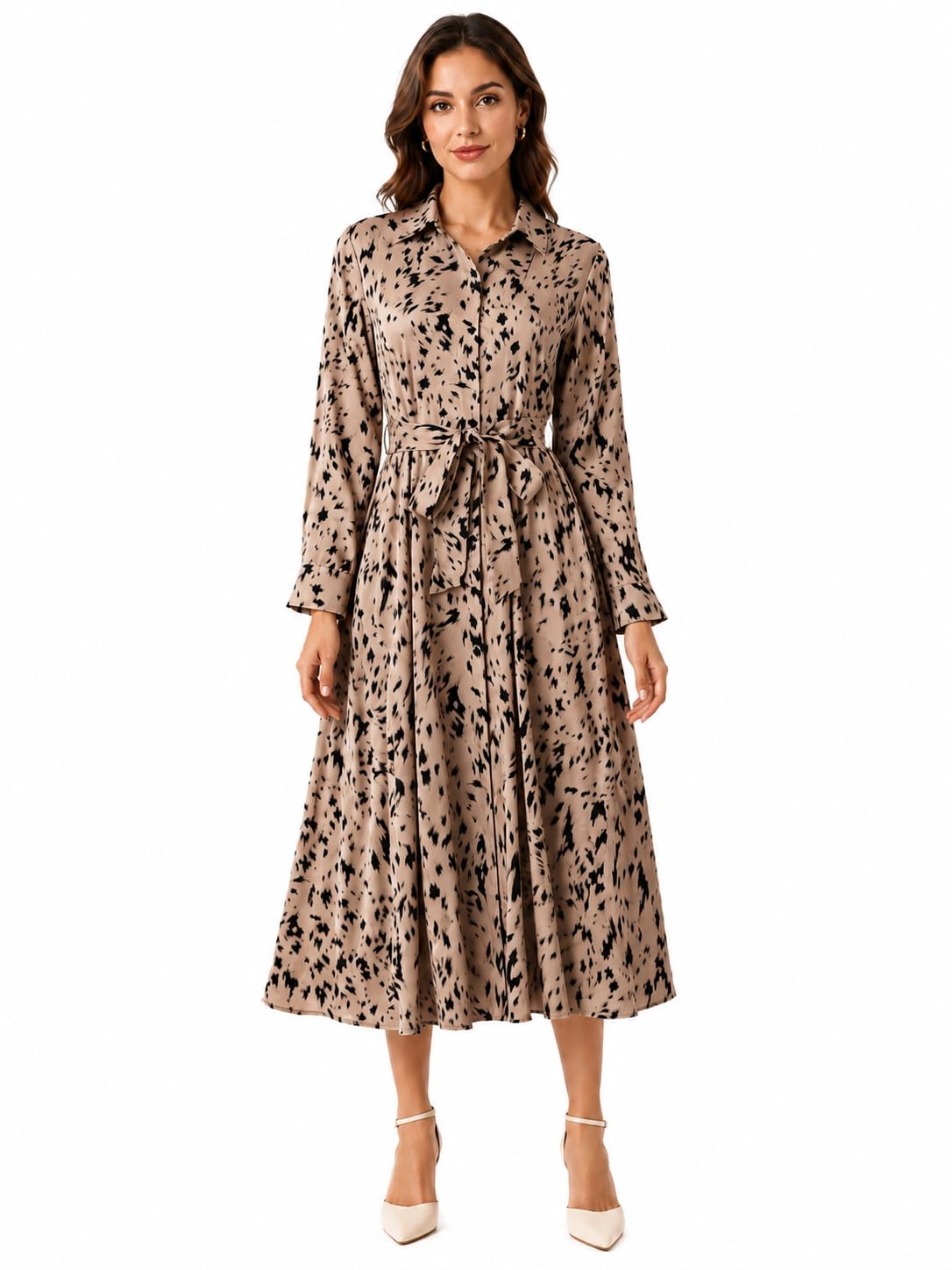 Women’s Beige & Black Abstract Print Belted Shirt Midi Dress-image-27