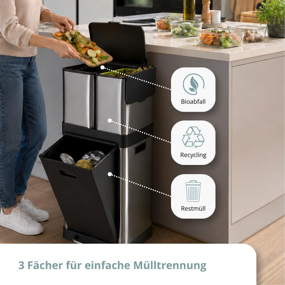hjh OFFICE Mülleimer CLEAN 3 – Mülltrennsystem mit 3 Fächern, 2x 6L + 1x 20L, Soft-Close-Deckel, Edelstahl-Abfalleimer für Innenbereich, Silber