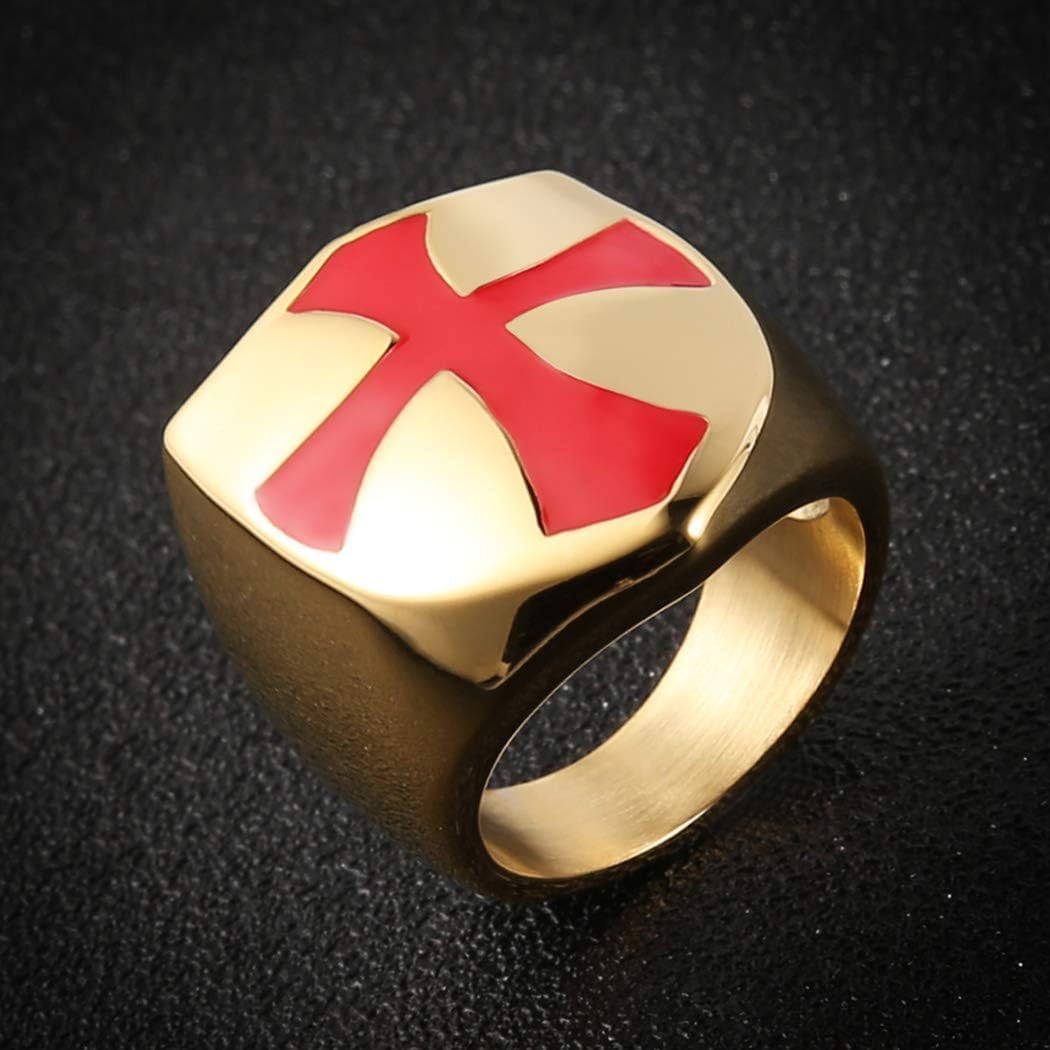 Men's Knights Templar Red Cross Ring Stainless Steel Shield Band,Silver Gold Black, Size 7-15