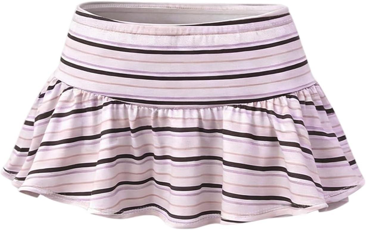 GORGLITTER Women's Y2k Striped Mini Skirts Low Rise Micro Skorts Golf Tennis Micro Skirt with Shorts Clubwear
