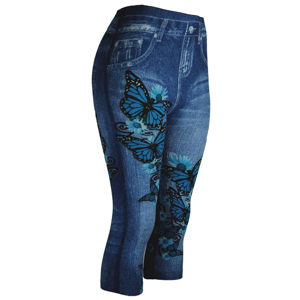 2025 Pantalones elásticos de cintura alta con estampado de mezclilla de siete pantalones para mujer pantalones de dibujos animados para mujer, azul oscuro, XL