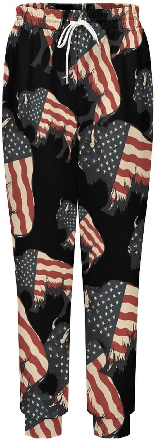 Bison U.S Flag Buffalo Men's Pants Athletic Workout Sweatpants Jogger Casual Pant for Sports Home