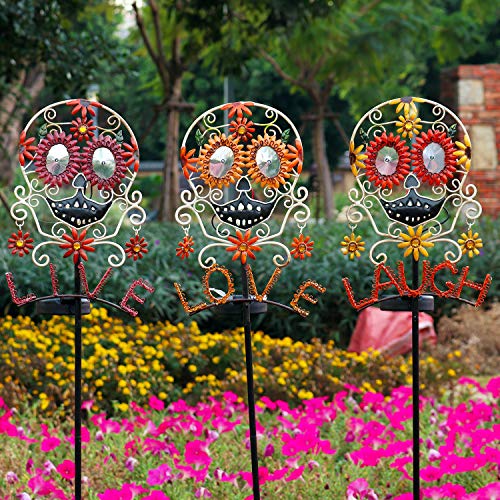 Happyhobby Garden Solar Lights Outdoor Set 3 Metal Sugar Skull Live Love Laugh Decorative Stakes Lights,Waterproof Color Changing LED Landscape Lights Decoration,40 High (3 Pack)