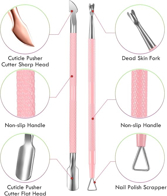 Cuticle Trimmer with Cuticle Pusher, XUNXMAS Cuticle Remover Cutter Nipper Scissor and Triangle Cuticle Nail Pusher Peeler Scraper, Durable Dead Skin Clipper Manicure Pedicure Tools Pink