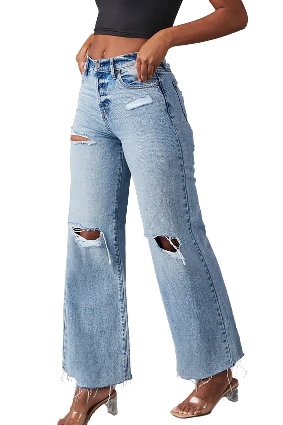 Allimy Jeans da donna a vita alta, gamba dritta, gamba larga, strappati, orlo sfilacciato, pantaloni in denim Capri elasticizzati