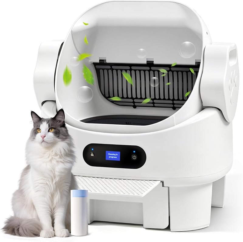 Self Cleaning Automatic Open Top XL Multiple Cat Litter Box, White | Multi-Sensor Safety, Ultra-Quiet, Easy Setup, Large Waste Bin, Easy Clean, for Multi-Cat Homes