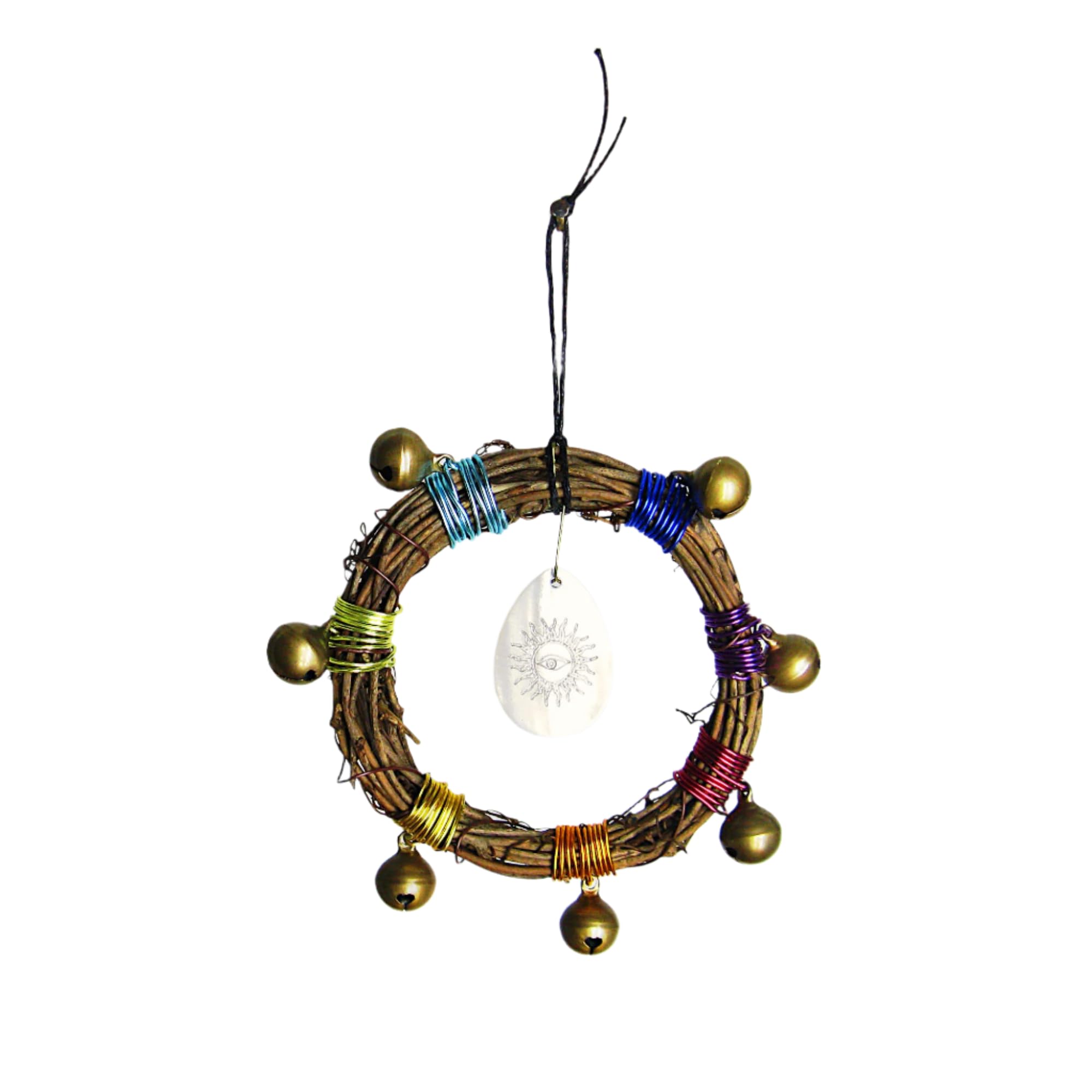 Small Wreath Bound with Rainbow Wire, Sleigh Bells and Carved Shell with Eye and Sun, Handmade, Wiccan Pagan Magical Door Home Decor Protection Altar Cleansing Wall Hanging Decoration