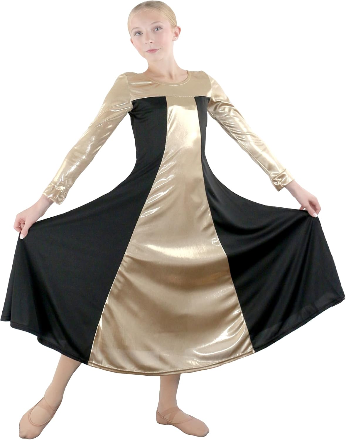 Danzcue Praise Dance Dress for Girls Metallic Color Block Long Sleeve Praise Dance Dress