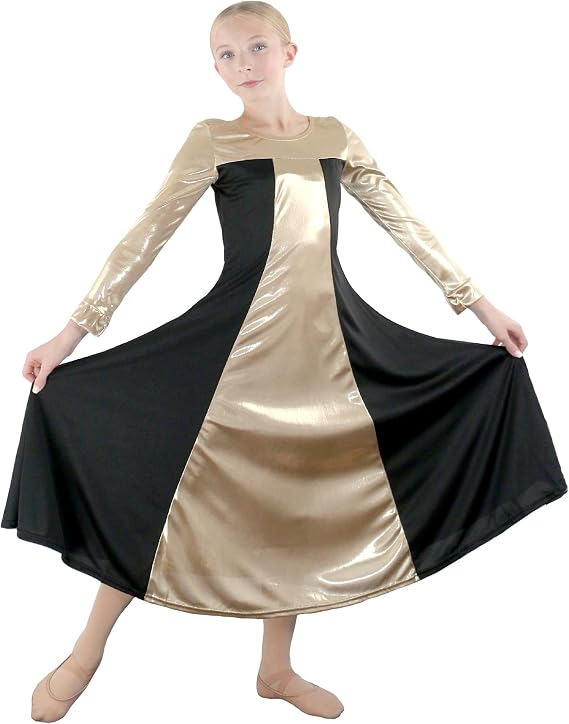 Danzcue Praise Dance Dress for Girls Metallic Color Block Long Sleeve Praise Dance Dress