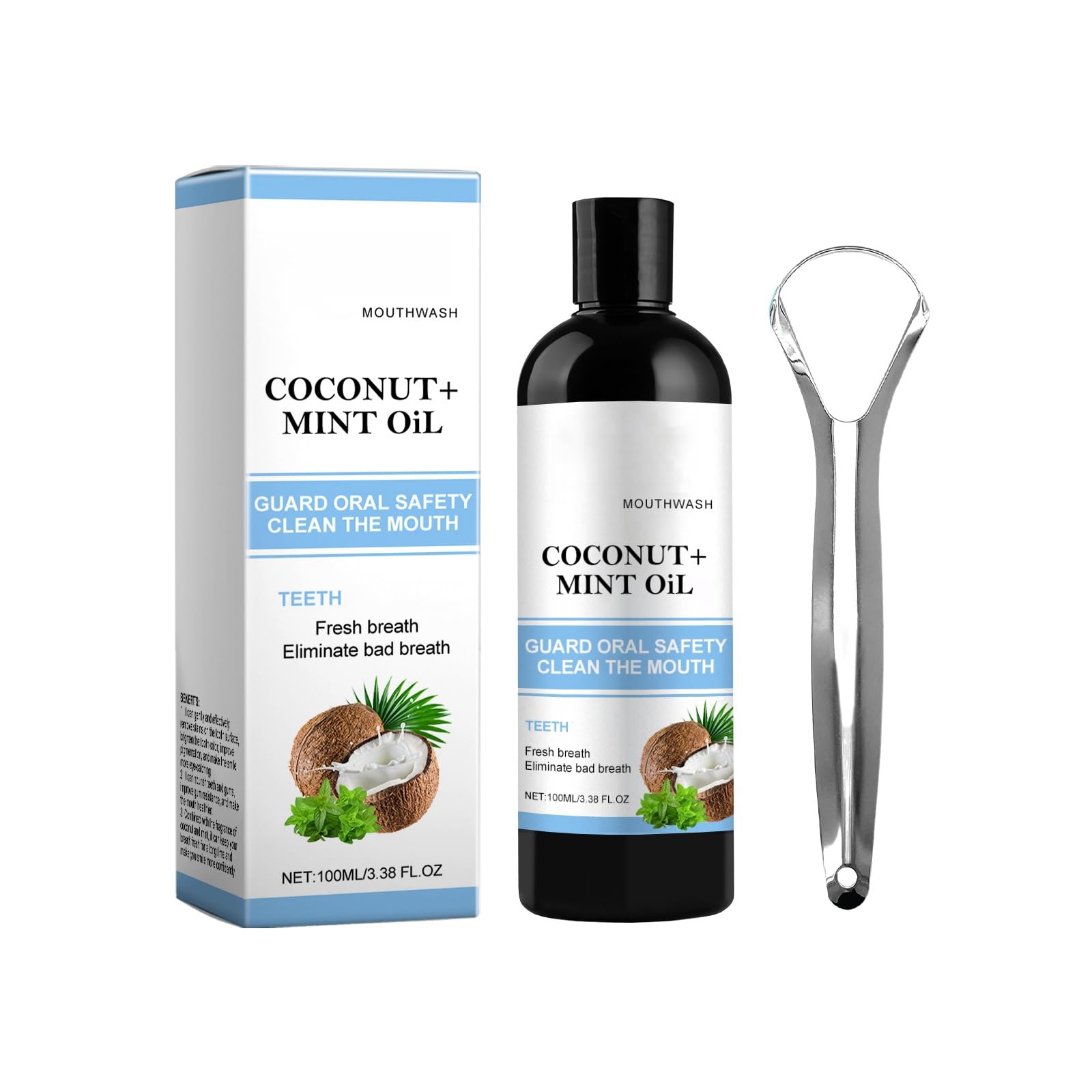 Coconut Mint Mouthwash 100ml Oral Care Rinse for Fresh Breath, Gum Protection, and Teeth Cleaning, Effectively Eliminates Plaque and Stains, Comes with Tongue Scraper for Enhanced Hygiene
