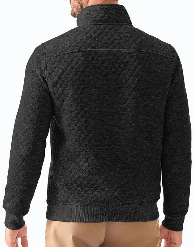 Men's Quarter Zip Pullover Quilted Sweatshirt Casual Mock Neck Geometric Texture Polo Sweater with Pocket - Image 4