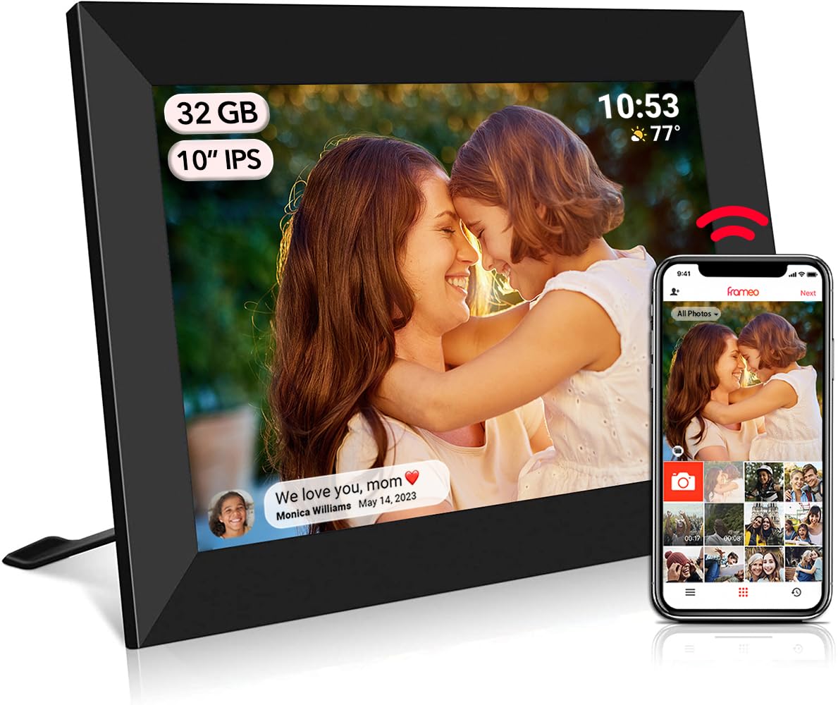 Frameo - Cornice per foto digitale WiFi, 32 GB, 10,1 pollici, 1280 x 800 mm, touch screen IPS HD, rotazione automatica, 32 GB di spazio di archiviazione integrato, condividi momenti istantaneamente