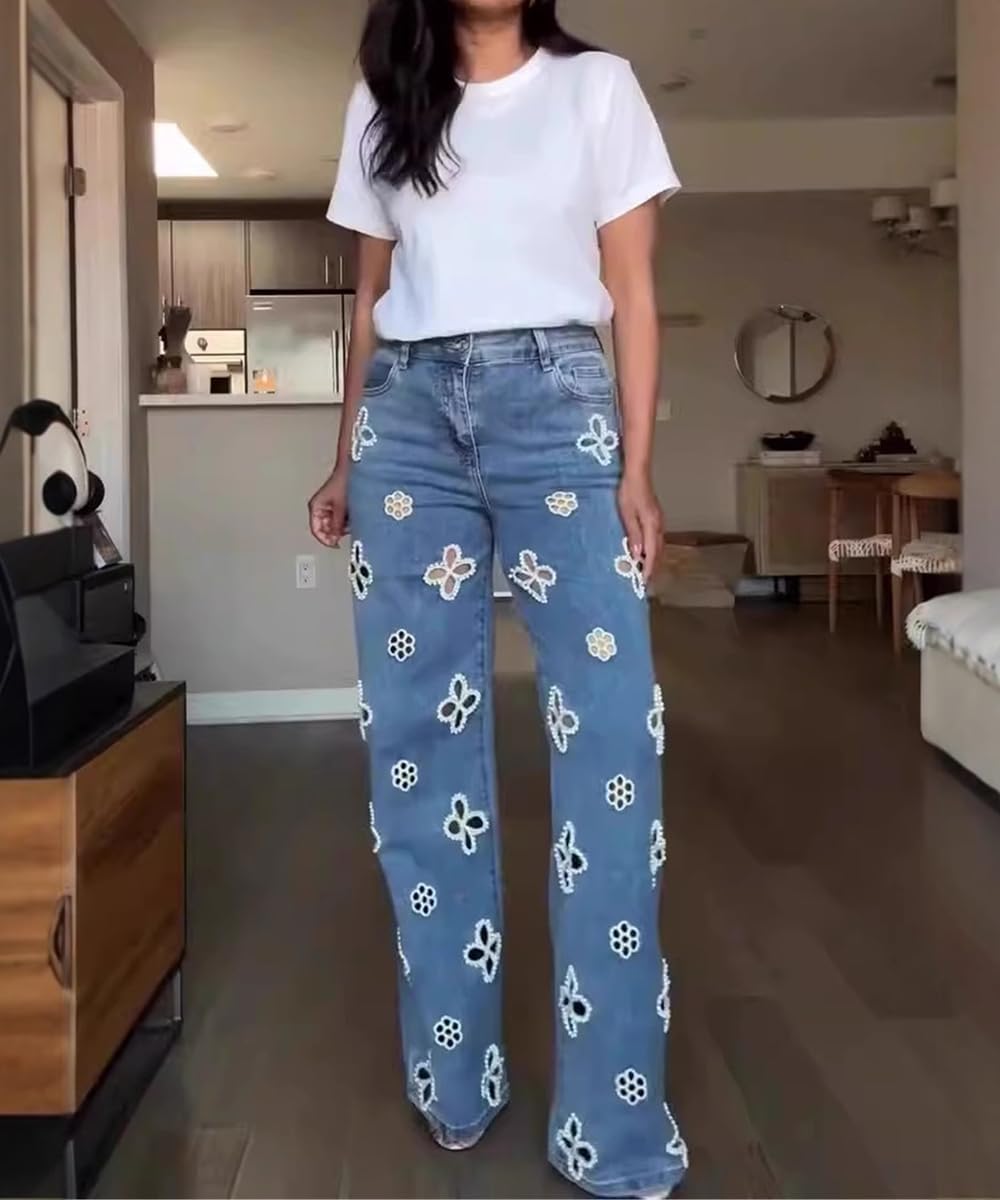 Women's High Waisted Wide Leg Jeans Trendy Stretch Pearl Floral Openwork Embellished Denim Pants - Image 4