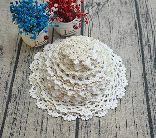TOSEEY 24 Vintage Hand Made Crochet Doilies Crochet Motifs 2-7 inches Round White Beige (12pcs Beige & 12pcs White) - Thumbnail 3