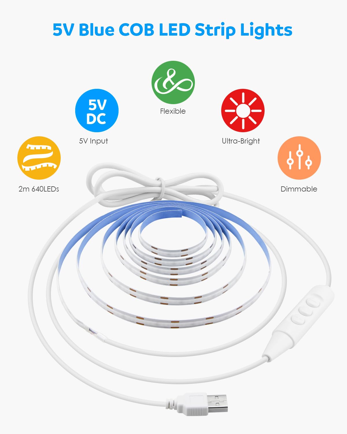 Aclorol USB COB LED Strip 2M 5V LED Light Strip Dimmable Ice Blue LED TV Backlight 640LEDs 8mm Width COB Flexible Tape Light for Bedroom Living Room Ceiling TV Party Home Decoration CRI85+ - Image 3
