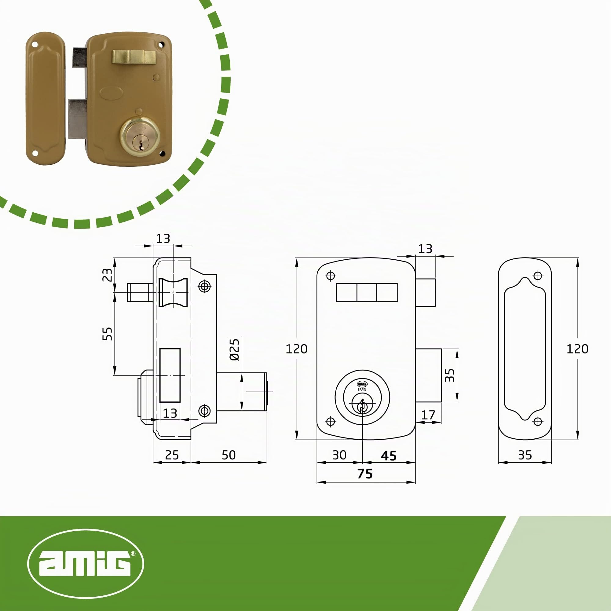 Amig - Serratura da sovrapposizione a sinistra con leva di chiusura, linguetta e maniglia per porte in legno mod. 75U 76 x 120 mm Cilindro rotondo di sicurezza in acciaio dorato