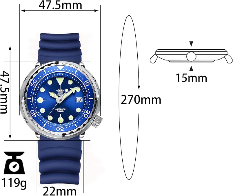 ADDIESDIVE Automatic Steel Dive Watch for Men 47.5mm Analog Wristwatches Sapphire Crystal Diver 300M