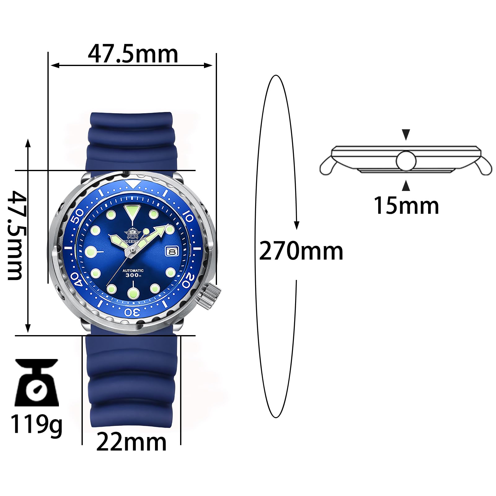 ADDIESDIVE Montre de plongée automatique pour homme NH35 étanche à 300 m de diamètre avec miroir en cristal saphir et cadran suisse lumineux de 47,5 mm, bleu, Montre de plongée, plongeur, mécanique