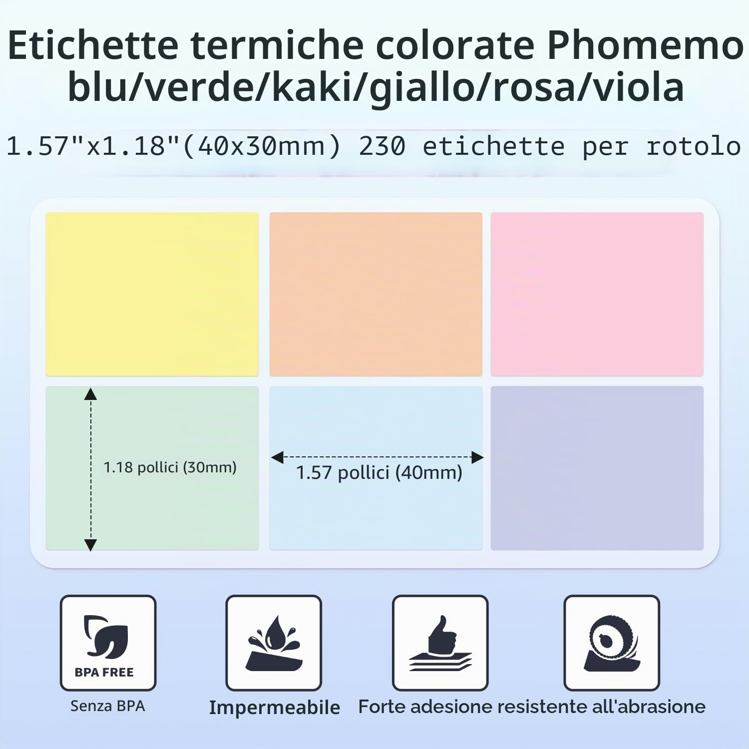 Phomemo M110/M220/M221/M200/M120/M100/M108/M150/M250/M260 Etichette autoadesive colorate 40 x 30 mm (1,57" x 1,18"), 6 rotoli di carta per etichette termiche colorate per stampanti per etichette