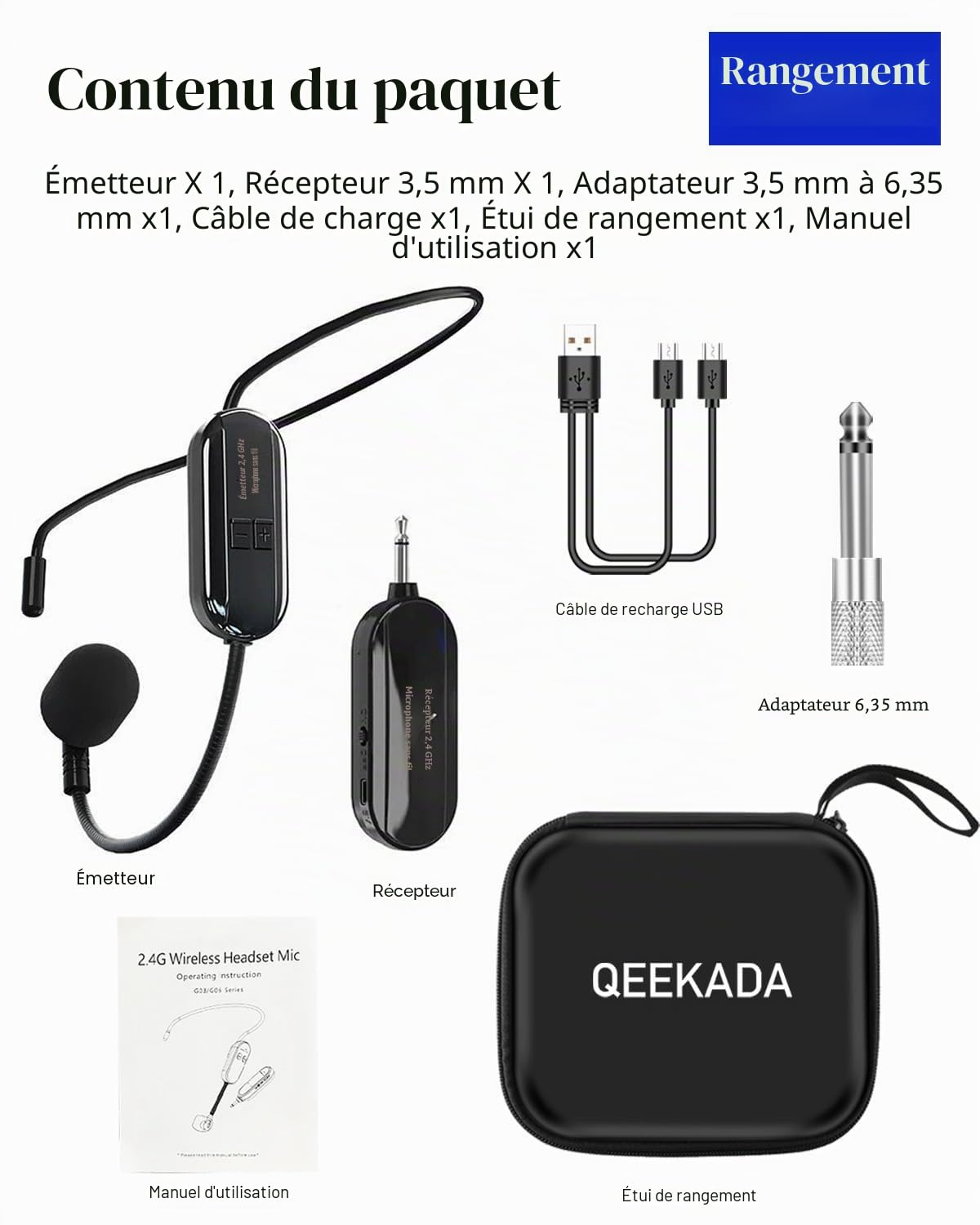 Microphone 2.4G Sans Fil, Casque pour Guide Touristique/Enseignement Discours, Transmission Sans Fil jusqu'à 50m