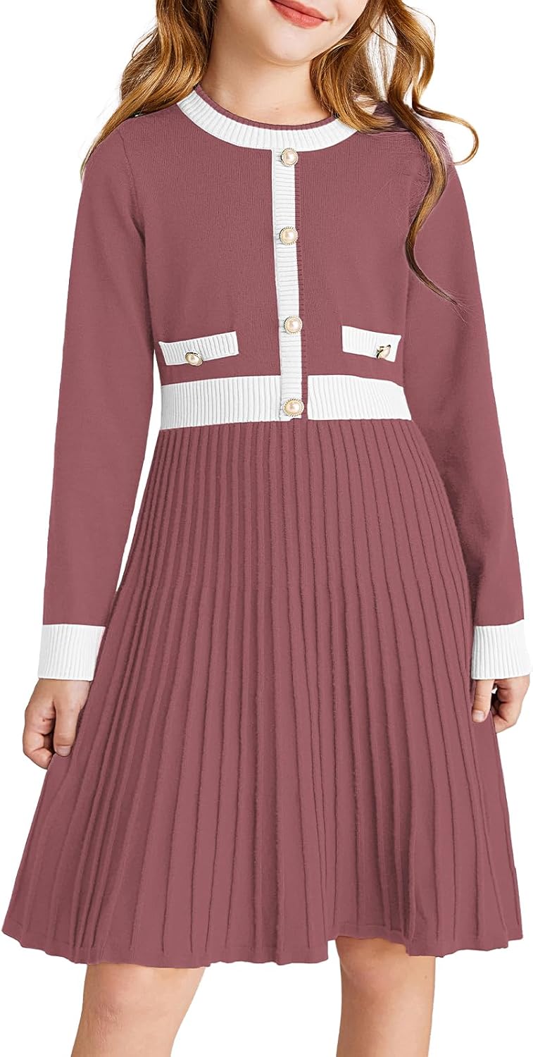 GRACE KARIN Girls Sweater Fall Dress Long Sleeve Knit A Line Contrast Casual Winter Dresses 6-14Y