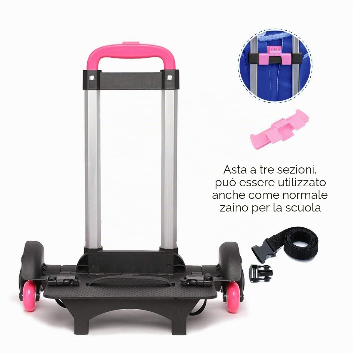 PROTAURI Carrello pieghevole per borse scolastiche – Ruote per bambini – Passeggino da viaggio con fibbie