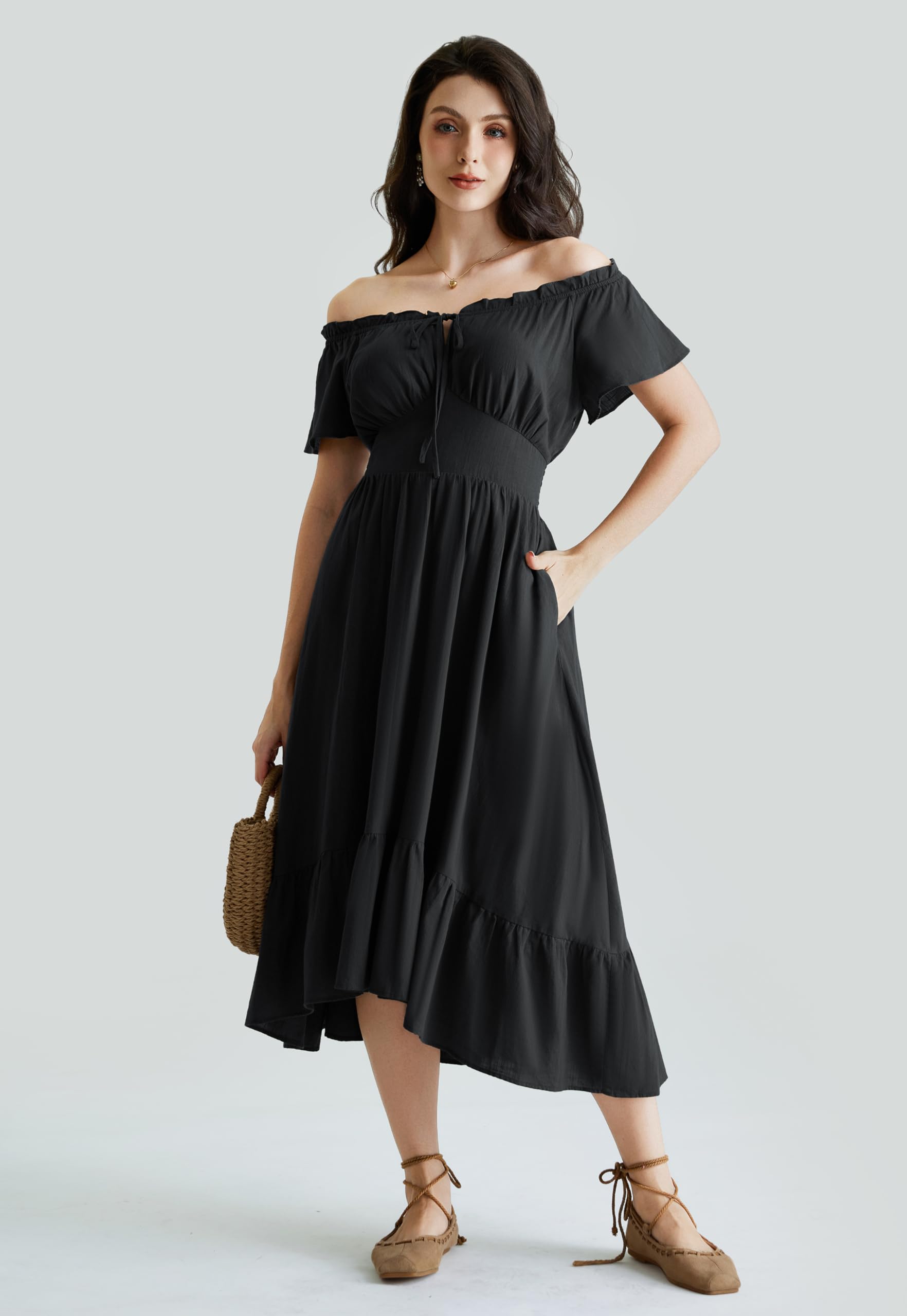 SCARLET DARKNESS Vestido largo renacentista con hombros descubiertos y dobladillo asimétrico para mujer